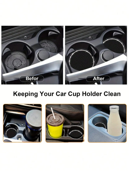 2pcs Shiny Black Silicone Car Cup Holders, Crystal Rhinestone Edged- 2.75 Inch Non-Slip, Fits Vehicle Cup Holders, Fashion Accessories For Women And Girls, Car Cup Mats