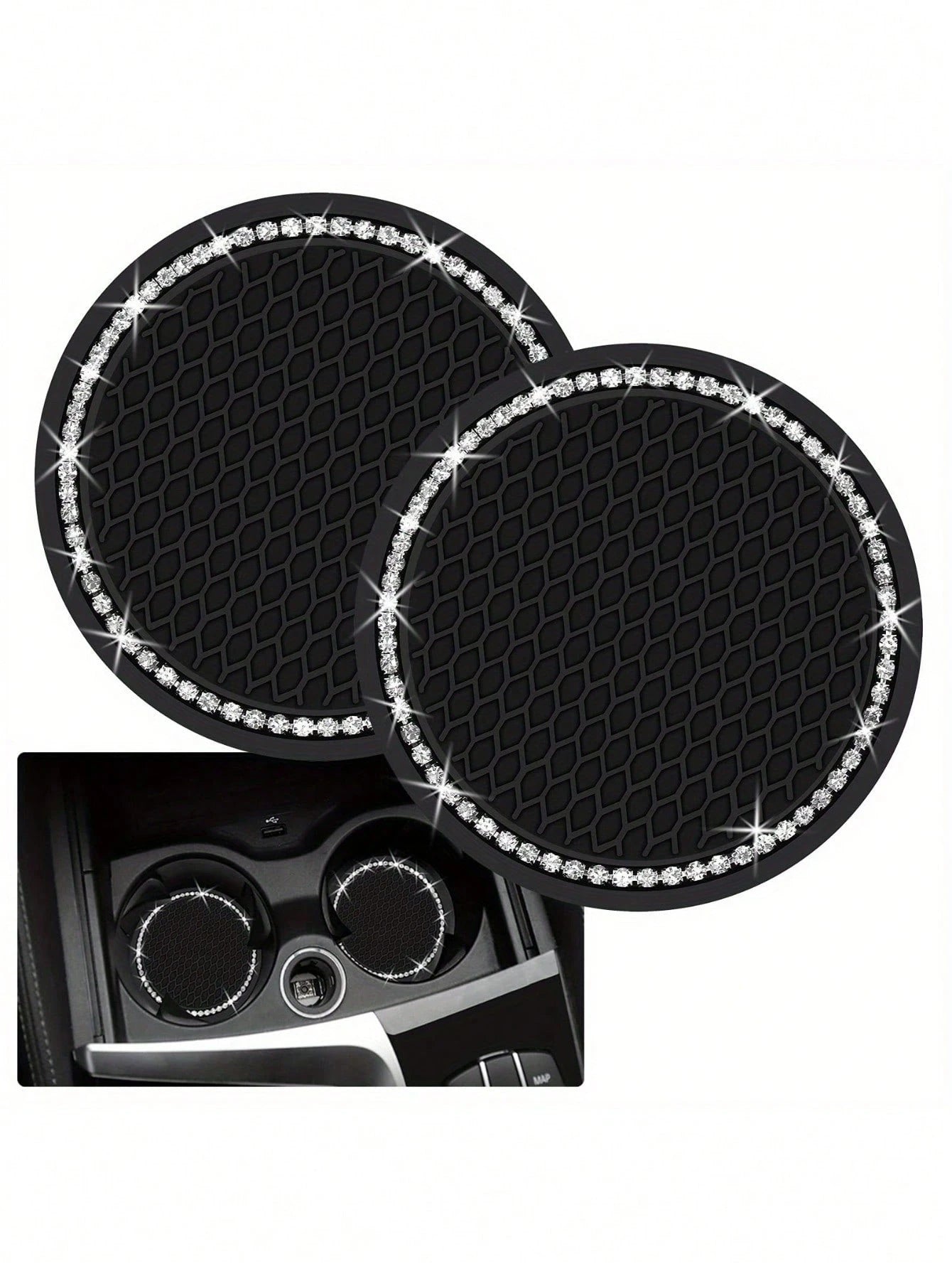 2pcs Shiny Black Silicone Car Cup Holders, Crystal Rhinestone Edged- 2.75 Inch Non-Slip, Fits Vehicle Cup Holders, Fashion Accessories For Women And Girls, Car Cup Mats