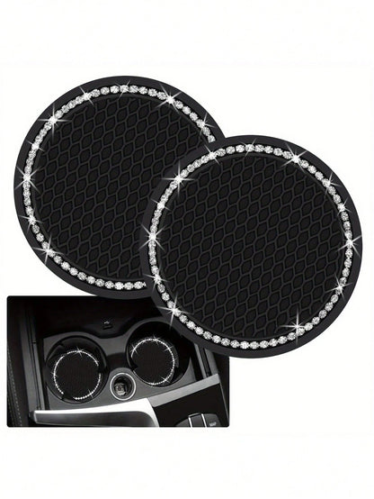 2pcs Shiny Black Silicone Car Cup Holders, Crystal Rhinestone Edged- 2.75 Inch Non-Slip, Fits Vehicle Cup Holders, Fashion Accessories For Women And Girls, Car Cup Mats