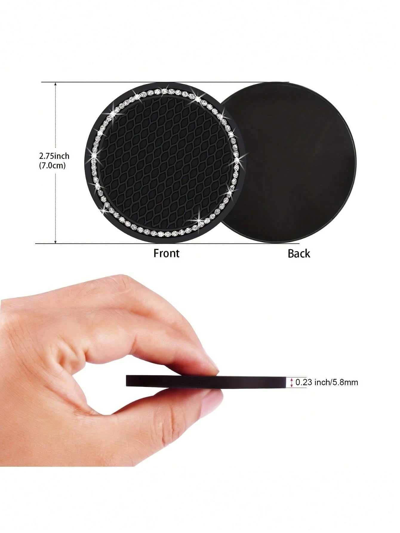 2pcs Shiny Black Silicone Car Cup Holders, Crystal Rhinestone Edged- 2.75 Inch Non-Slip, Fits Vehicle Cup Holders, Fashion Accessories For Women And Girls, Car Cup Mats