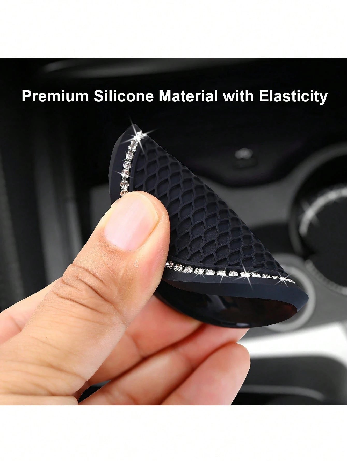2pcs Shiny Black Silicone Car Cup Holders, Crystal Rhinestone Edged- 2.75 Inch Non-Slip, Fits Vehicle Cup Holders, Fashion Accessories For Women And Girls, Car Cup Mats