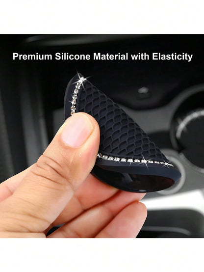2pcs Shiny Black Silicone Car Cup Holders, Crystal Rhinestone Edged- 2.75 Inch Non-Slip, Fits Vehicle Cup Holders, Fashion Accessories For Women And Girls, Car Cup Mats