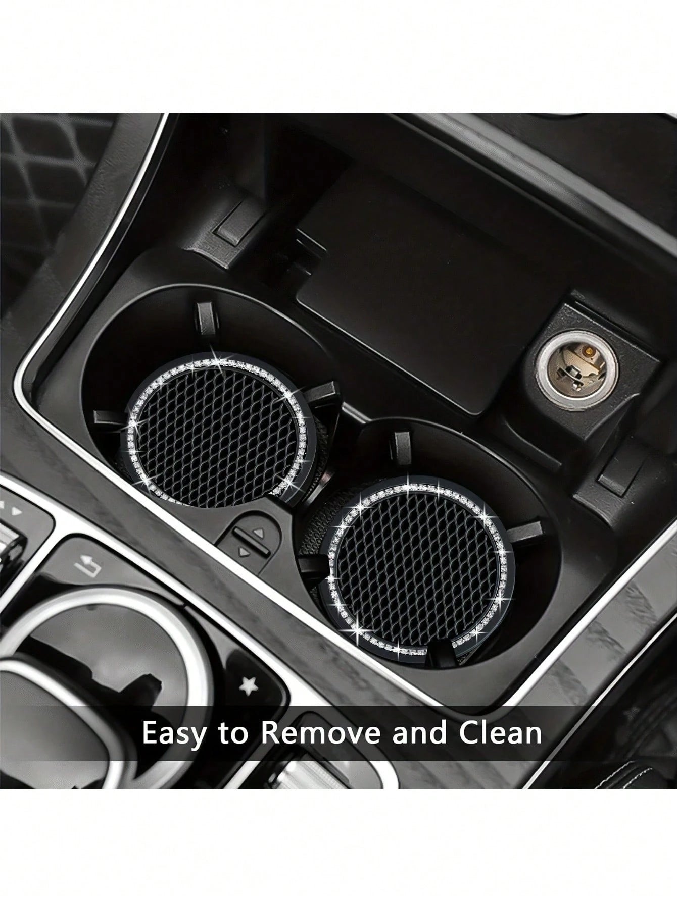 2pcs Shiny Black Silicone Car Cup Holders, Crystal Rhinestone Edged- 2.75 Inch Non-Slip, Fits Vehicle Cup Holders, Fashion Accessories For Women And Girls, Car Cup Mats