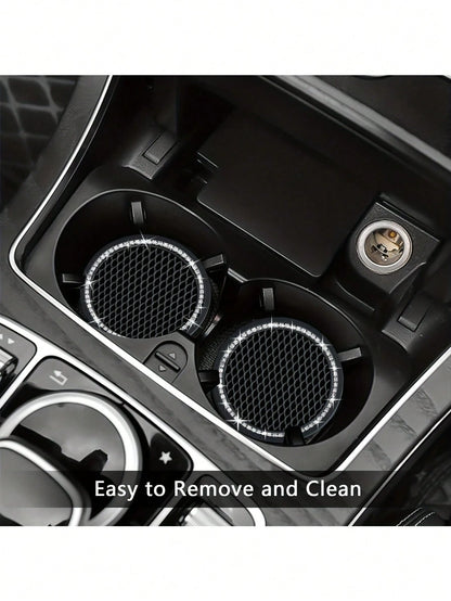 2pcs Shiny Black Silicone Car Cup Holders, Crystal Rhinestone Edged- 2.75 Inch Non-Slip, Fits Vehicle Cup Holders, Fashion Accessories For Women And Girls, Car Cup Mats