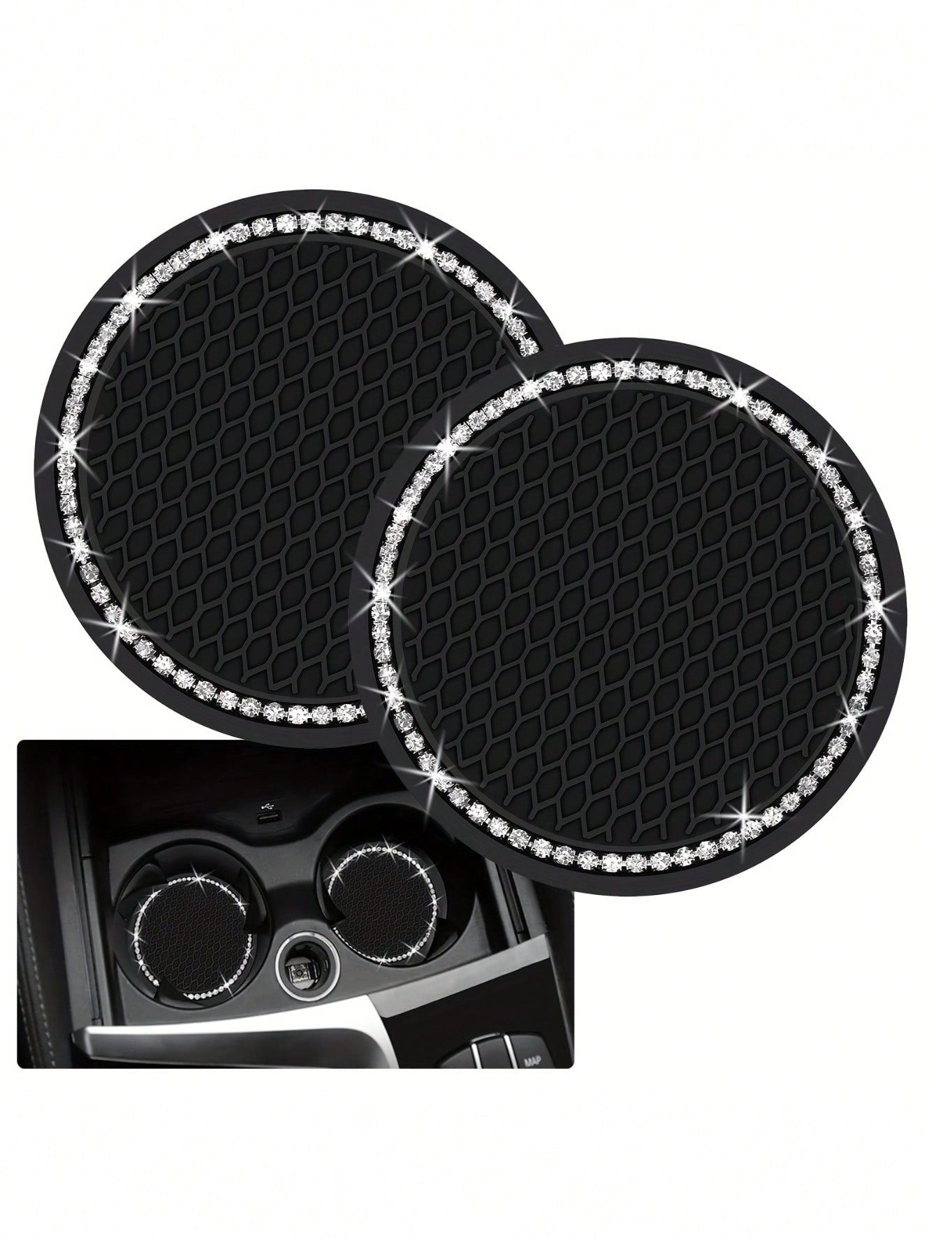 2pcs Shiny Black Silicone Car Cup Holders, Crystal Rhinestone Edged- 2.75 Inch Non-Slip, Fits Vehicle Cup Holders, Fashion Accessories For Women And Girls, Car Cup Mats