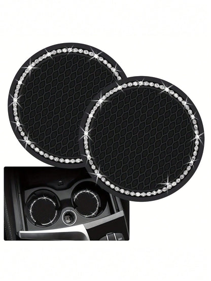 2pcs Shiny Black Silicone Car Cup Holders, Crystal Rhinestone Edged- 2.75 Inch Non-Slip, Fits Vehicle Cup Holders, Fashion Accessories For Women And Girls, Car Cup Mats