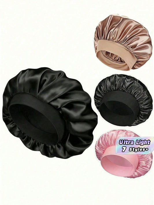2pcs Silk Bonnet For Sleeping, Satin Hair Bonnets, Soft Elastic Band Silk Sleep Cap, Silk Hair Wrap For Curly Hair (Black Gold) Home Bathroom Decor Summer Hair Bonnet Bonnet,Bonnet Silk,Silk Bonnet,Bo