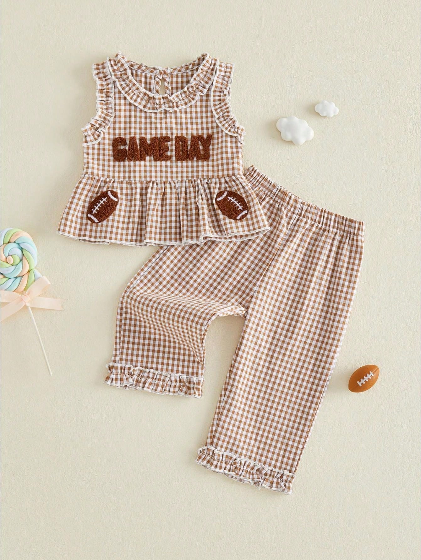 2pcs Toddler Baby Girls Summer Outfits Pants Set Football Embroidery Sleeveless Tank Tops + Plaid Trousers 6M 12M 18M 24M 3T 4T Kids Casual Clothes