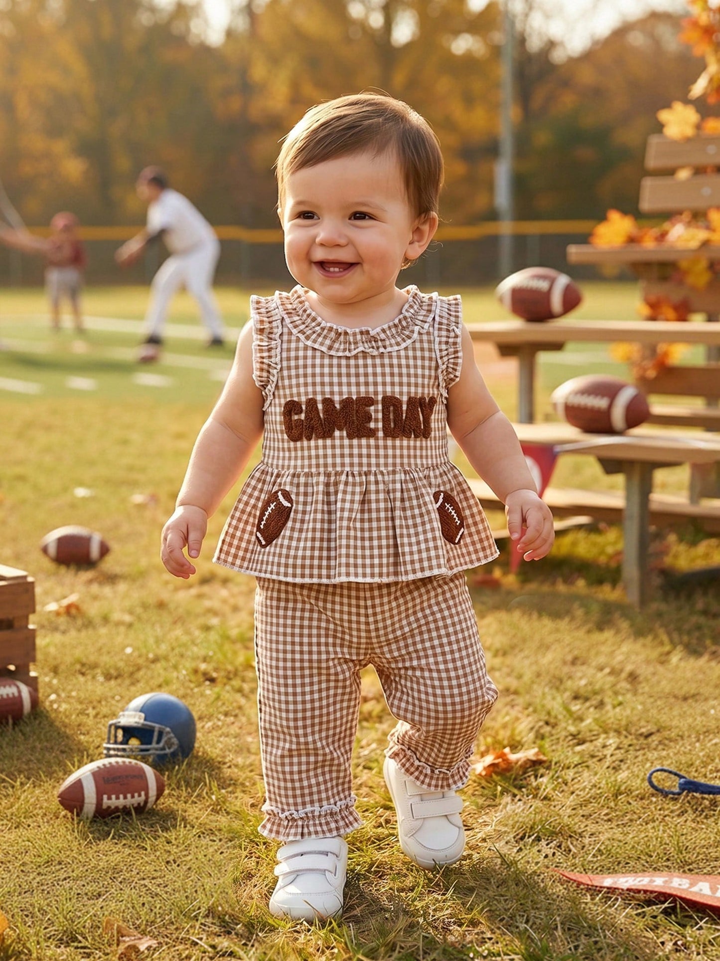 2pcs Toddler Baby Girls Summer Outfits Pants Set Football Embroidery Sleeveless Tank Tops + Plaid Trousers 6M 12M 18M 24M 3T 4T Kids Casual Clothes