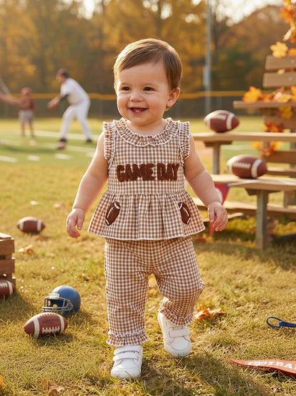 2pcs Toddler Baby Girls Summer Outfits Pants Set Football Embroidery Sleeveless Tank Tops + Plaid Trousers 6M 12M 18M 24M 3T 4T Kids Casual Clothes