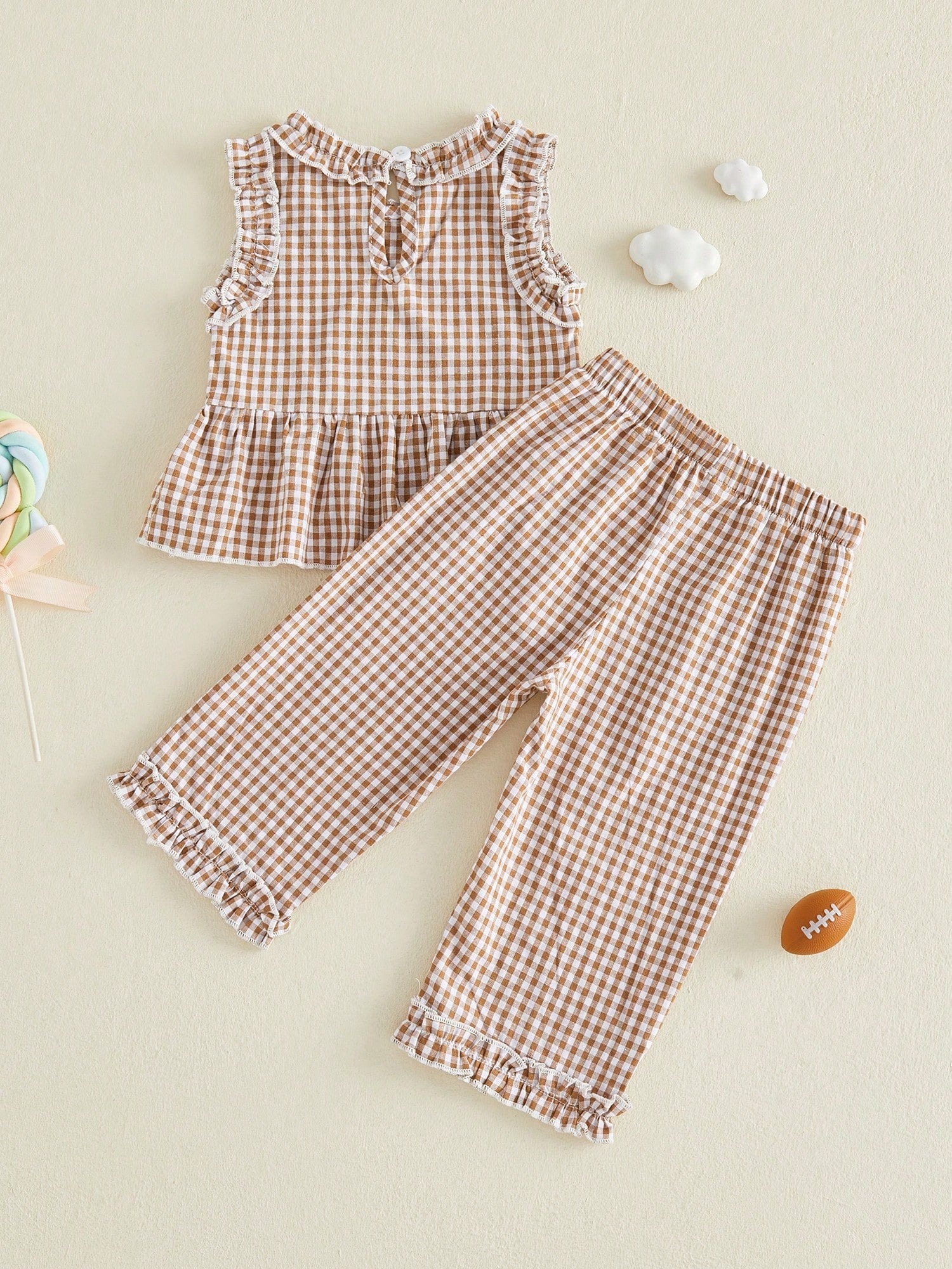 2pcs Toddler Baby Girls Summer Outfits Pants Set Football Embroidery Sleeveless Tank Tops + Plaid Trousers 6M 12M 18M 24M 3T 4T Kids Casual Clothes