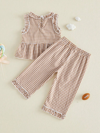 2pcs Toddler Baby Girls Summer Outfits Pants Set Football Embroidery Sleeveless Tank Tops + Plaid Trousers 6M 12M 18M 24M 3T 4T Kids Casual Clothes