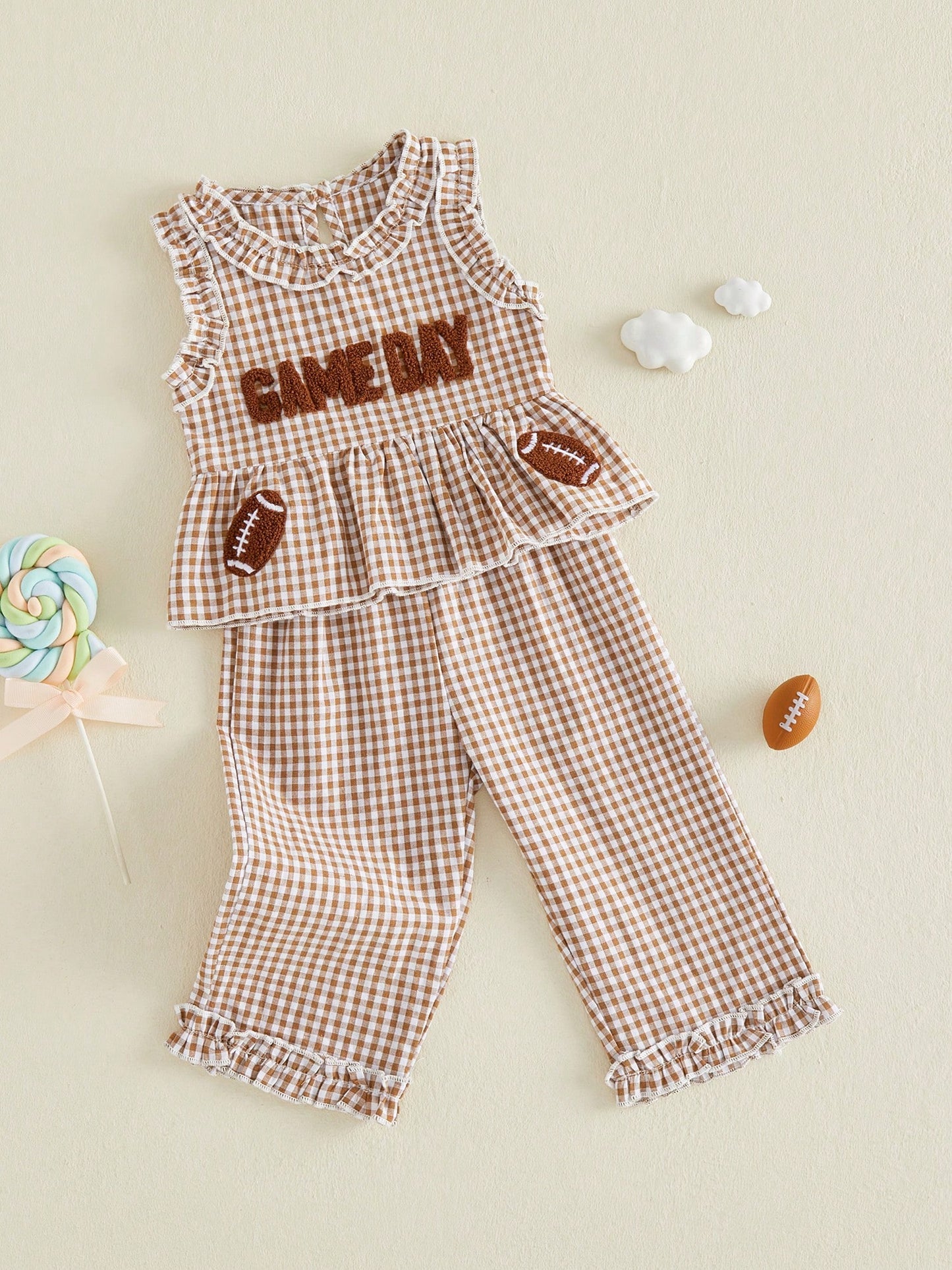 2pcs Toddler Baby Girls Summer Outfits Pants Set Football Embroidery Sleeveless Tank Tops + Plaid Trousers 6M 12M 18M 24M 3T 4T Kids Casual Clothes
