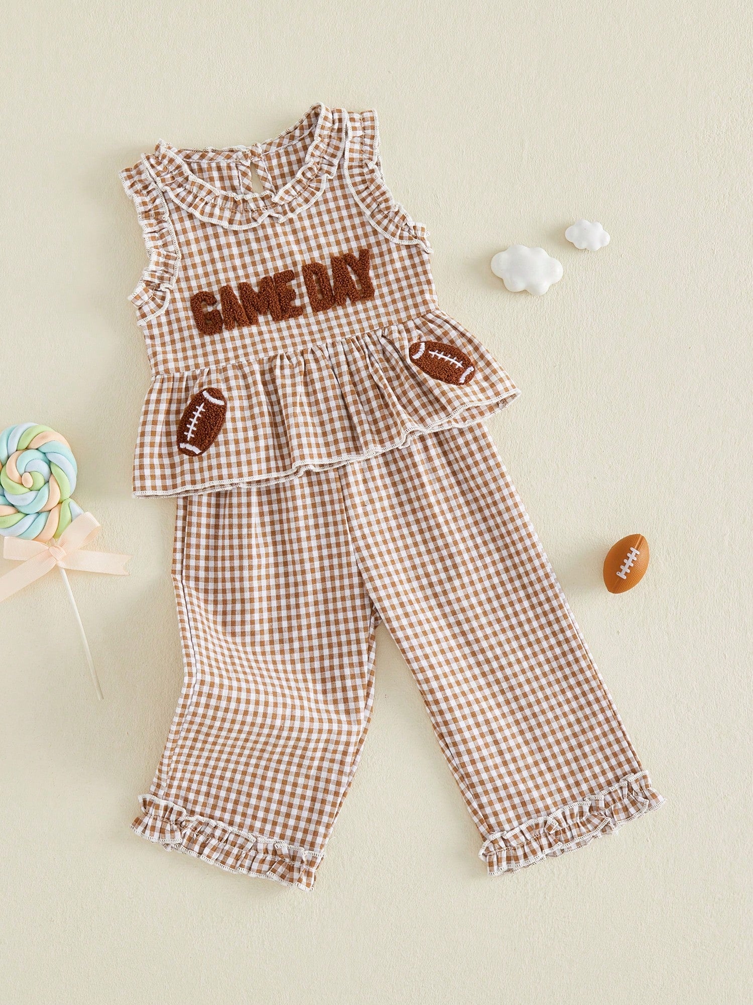 2pcs Toddler Baby Girls Summer Outfits Pants Set Football Embroidery Sleeveless Tank Tops + Plaid Trousers 6M 12M 18M 24M 3T 4T Kids Casual Clothes