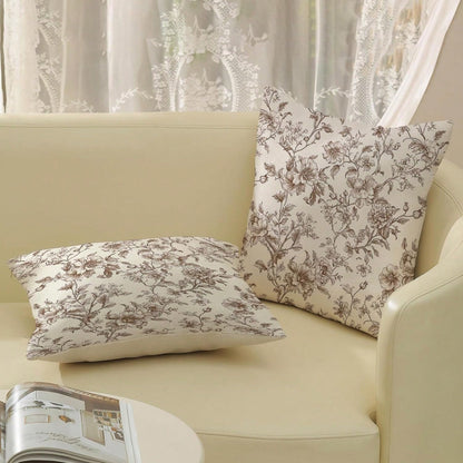 2pcs Vintage Brown Floral Print Pillow Covers, Retro Sketch Floral Branch Pattern Cushion Covers, French Country Farmhouse Style Sofa Bedroom Decorative Pillowcases, Pillow Inserts Not Included