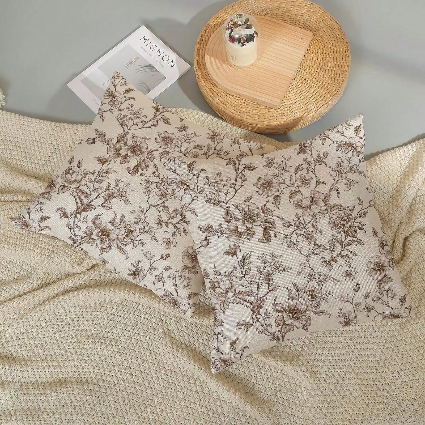 2pcs Vintage Brown Floral Print Pillow Covers, Retro Sketch Floral Branch Pattern Cushion Covers, French Country Farmhouse Style Sofa Bedroom Decorative Pillowcases, Pillow Inserts Not Included