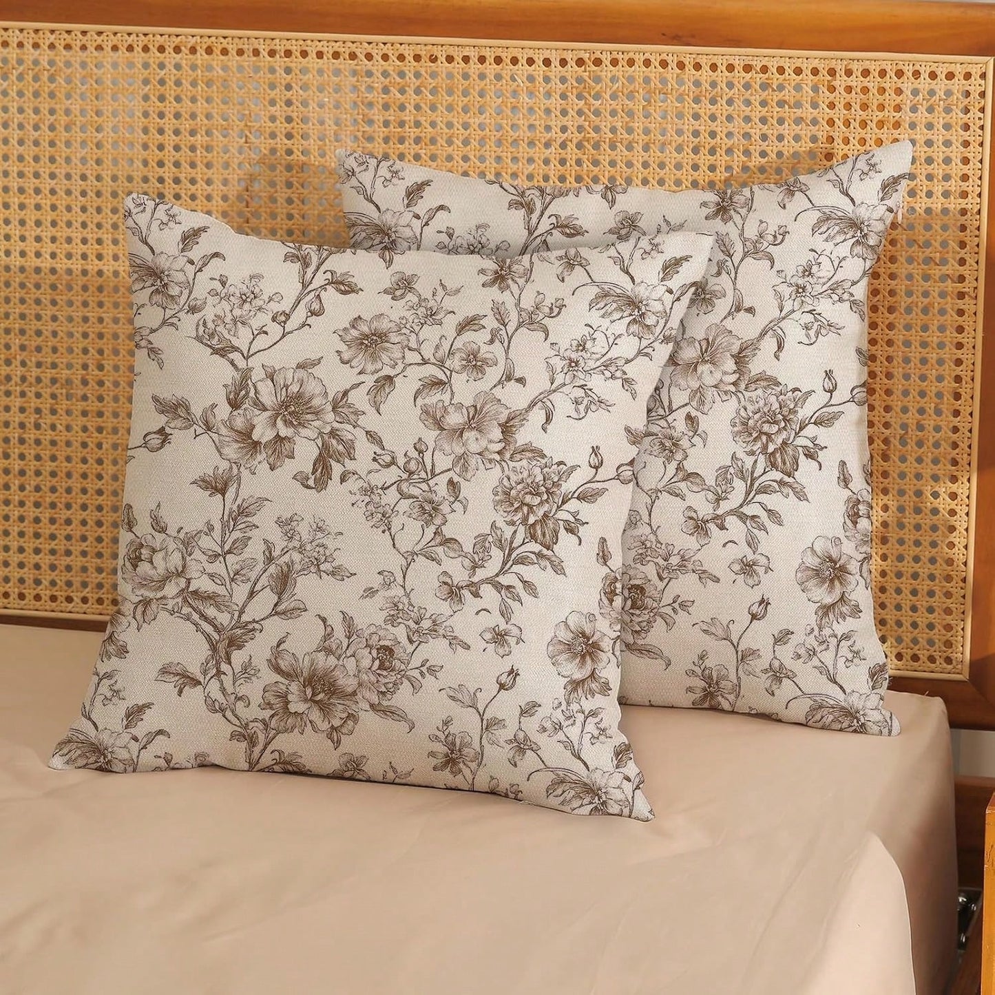 2pcs Vintage Brown Floral Print Pillow Covers, Retro Sketch Floral Branch Pattern Cushion Covers, French Country Farmhouse Style Sofa Bedroom Decorative Pillowcases, Pillow Inserts Not Included