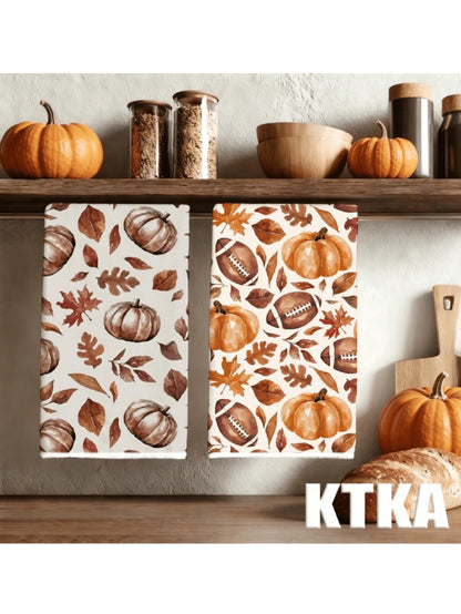 2Pcs Watercolor Fall Pumpkin Maple Leaf Football Kitchen Tea Towels Soft Absorbent Machine Washable Kitchen Accessories For Thanksgiving Home Kitchen Decor