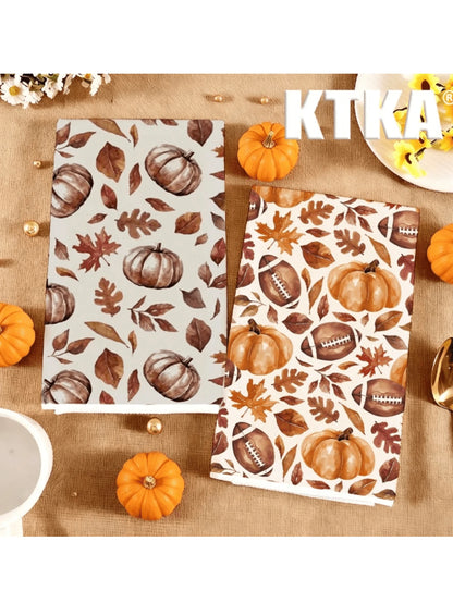 2Pcs Watercolor Fall Pumpkin Maple Leaf Football Kitchen Tea Towels Soft Absorbent Machine Washable Kitchen Accessories For Thanksgiving Home Kitchen Decor
