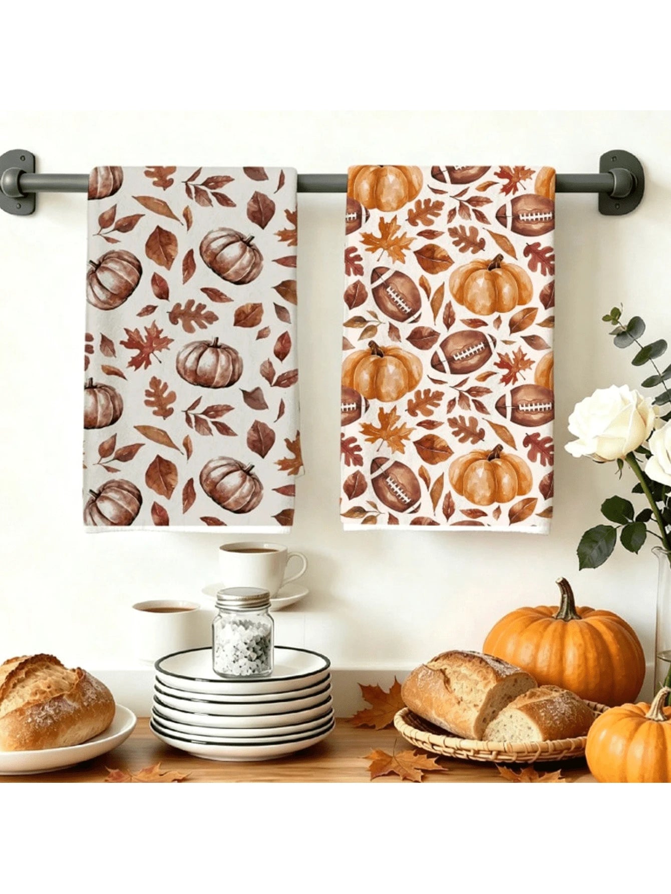 2Pcs Watercolor Fall Pumpkin Maple Leaf Football Kitchen Tea Towels Soft Absorbent Machine Washable Kitchen Accessories For Thanksgiving Home Kitchen Decor