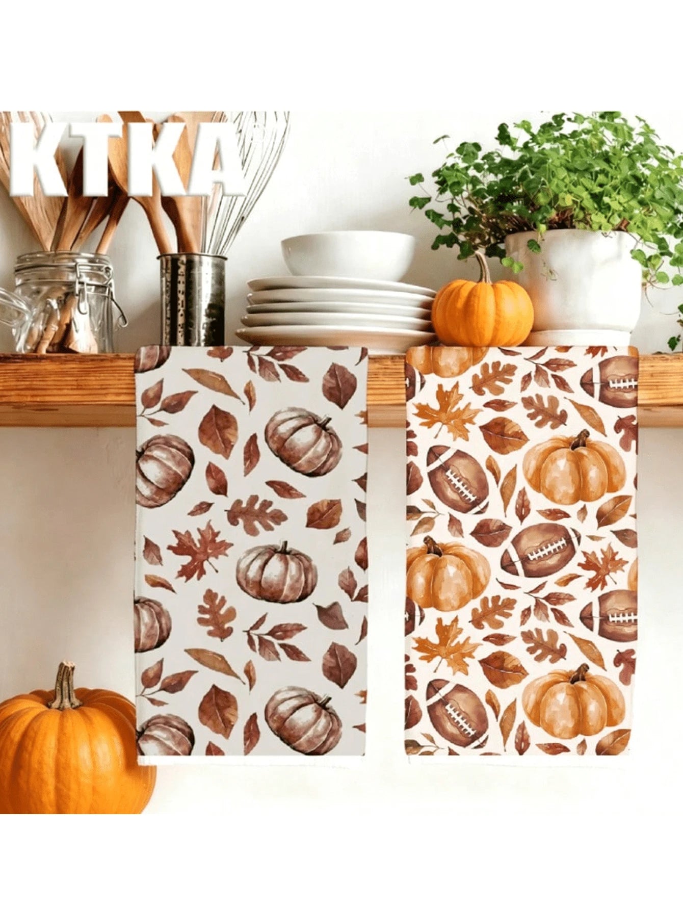 2Pcs Watercolor Fall Pumpkin Maple Leaf Football Kitchen Tea Towels Soft Absorbent Machine Washable Kitchen Accessories For Thanksgiving Home Kitchen Decor