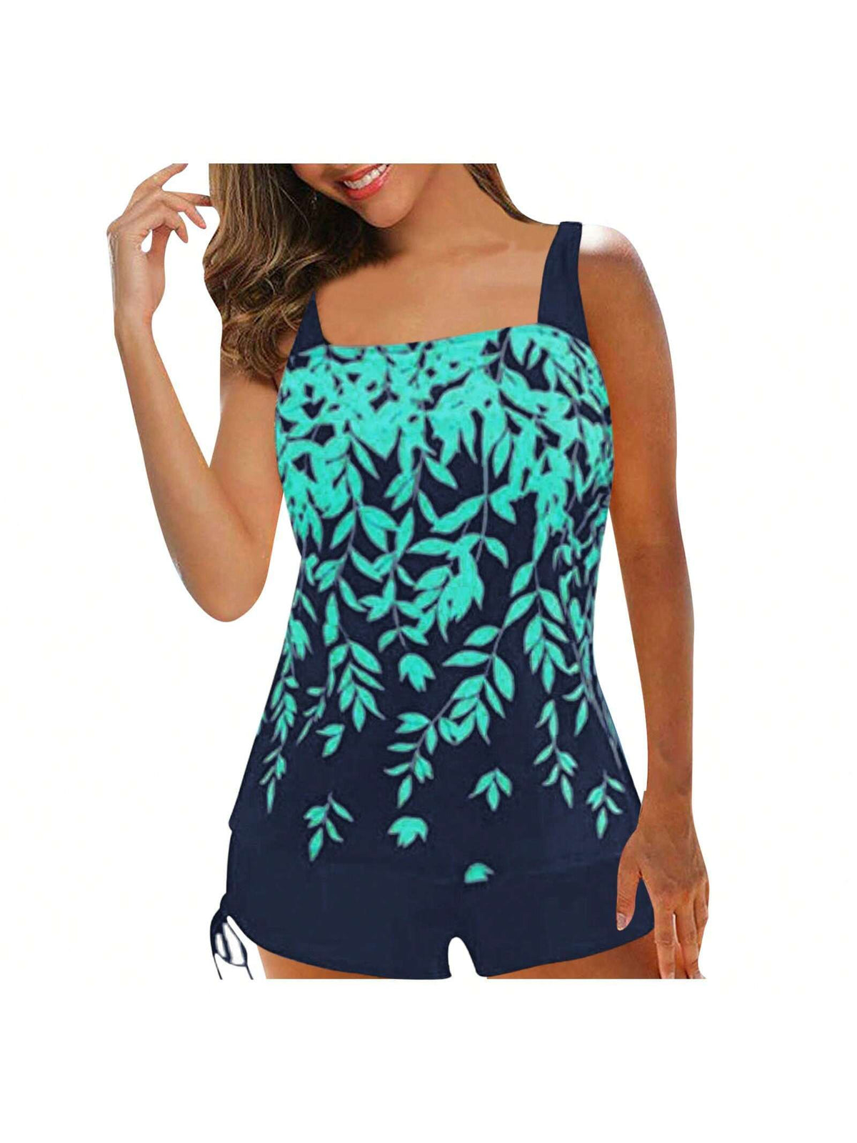 2Pcs Women Summer Swimwear, Leaf Print Padded Tank Tops + Solid Color Drawstring Shorts Swimsuit For Girls, 5 Colors
