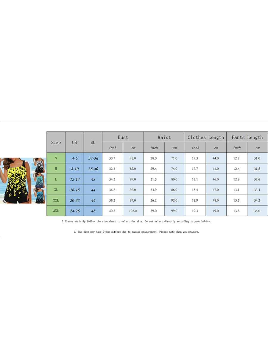 2Pcs Women Summer Swimwear, Leaf Print Padded Tank Tops + Solid Color Drawstring Shorts Swimsuit For Girls, 5 Colors
