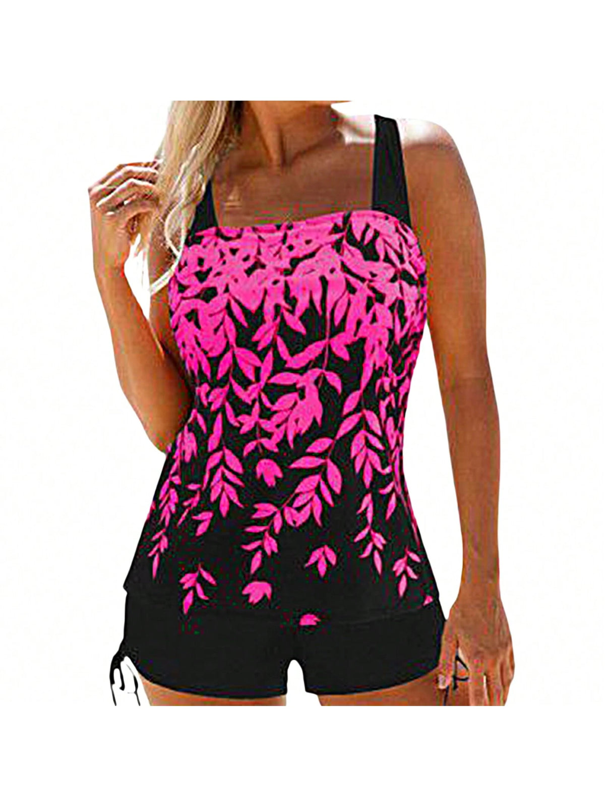 2Pcs Women Summer Swimwear, Leaf Print Padded Tank Tops + Solid Color Drawstring Shorts Swimsuit For Girls, 5 Colors