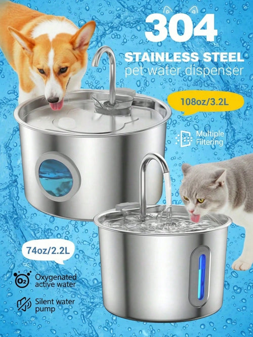 3.2L/2.8L Large Capacity Cat Water Dispenser, 304 Stainless Steel Pet Water Fountain, Circulating Filtered Water, Automatic Water Feeder, Quiet Water Pump, Suitable For Cats And Dogs, Visible Window D