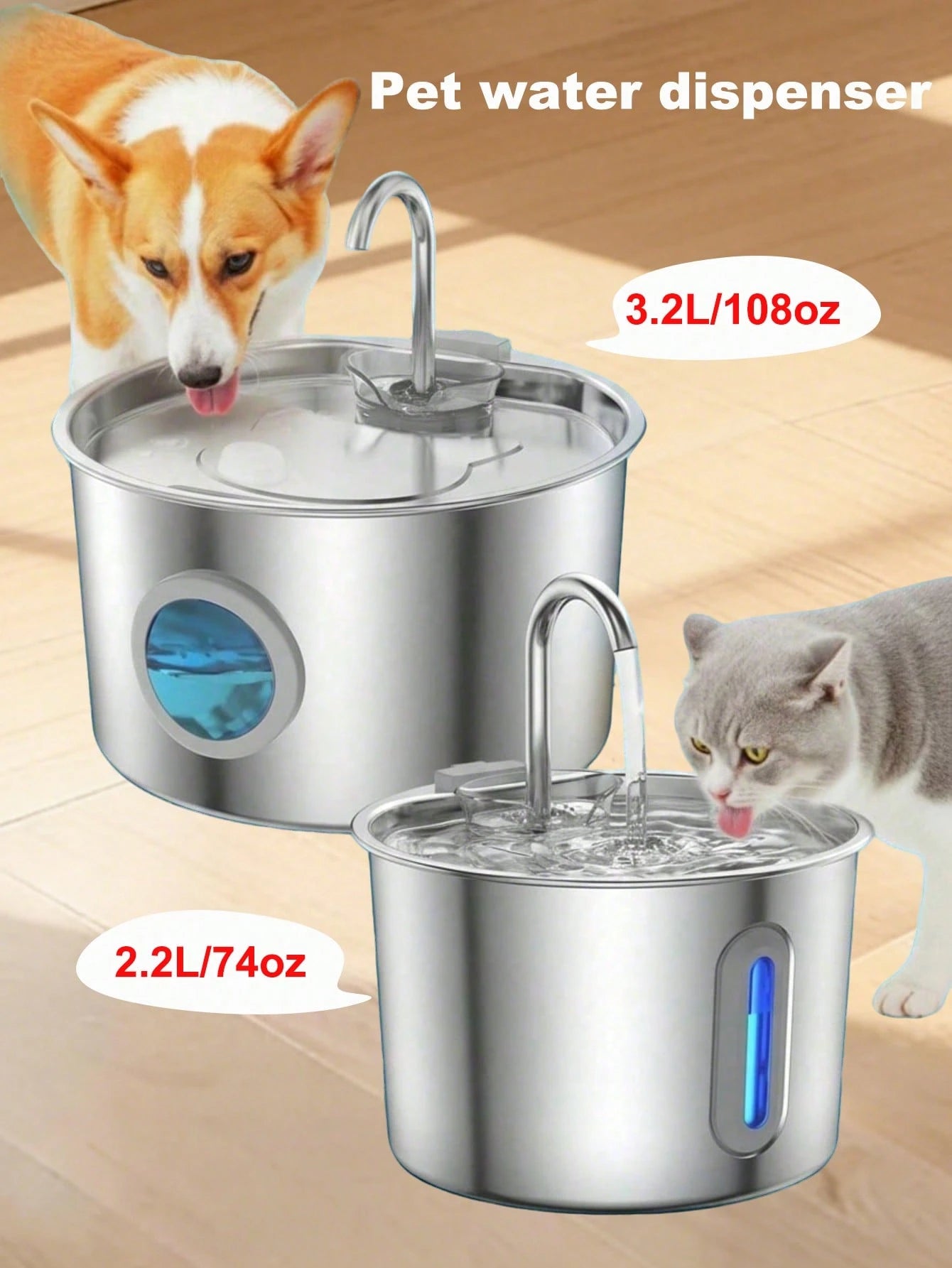 3.2L/2.8L Large Capacity Cat Water Dispenser, 304 Stainless Steel Pet Water Fountain, Circulating Filtered Water, Automatic Water Feeder, Quiet Water Pump, Suitable For Cats And Dogs, Visible Window D