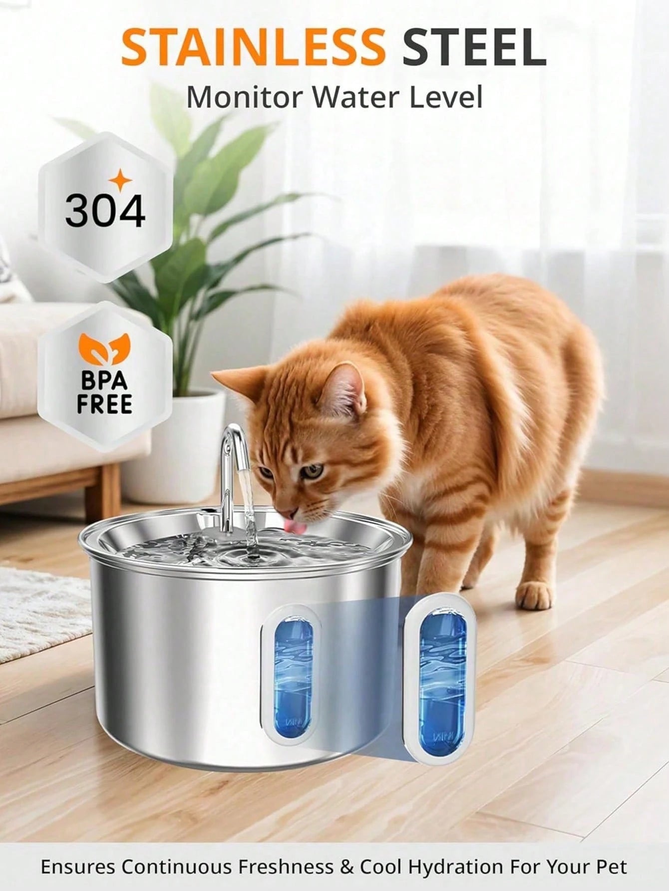 3.2L/2.8L Large Capacity Cat Water Dispenser, 304 Stainless Steel Pet Water Fountain, Circulating Filtered Water, Automatic Water Feeder, Quiet Water Pump, Suitable For Cats And Dogs, Visible Window D