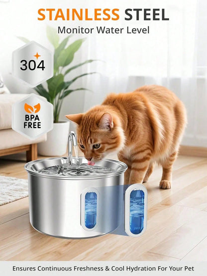 3.2L/2.8L Large Capacity Cat Water Dispenser, 304 Stainless Steel Pet Water Fountain, Circulating Filtered Water, Automatic Water Feeder, Quiet Water Pump, Suitable For Cats And Dogs, Visible Window D