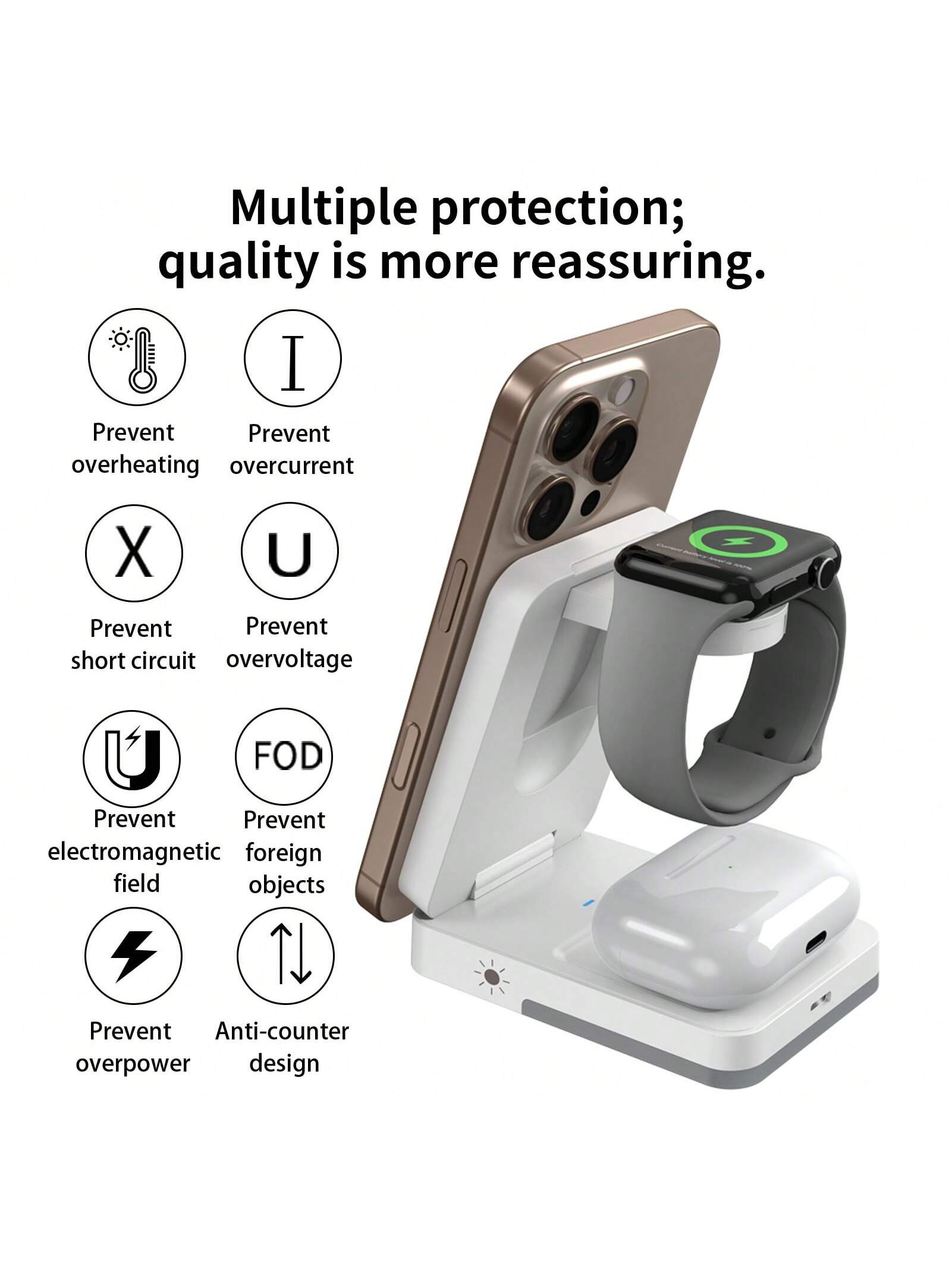 3-In-1 Fast Charging Station, 15W Multi-Function Wireless Charging Stand Compatible With Apple Phones, Watches, Earbuds