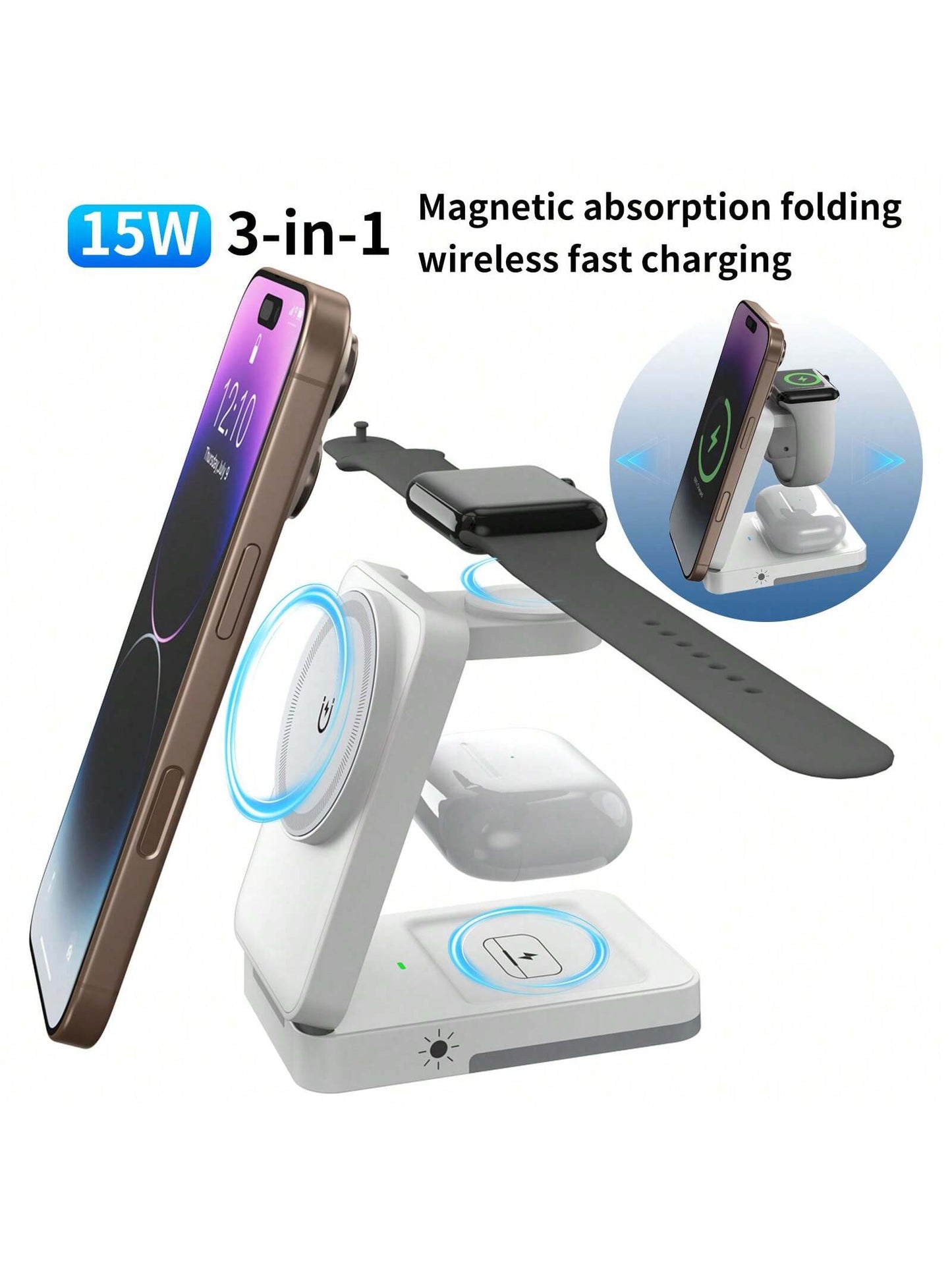 3-In-1 Fast Charging Station, 15W Multi-Function Wireless Charging Stand Compatible With Apple Phones, Watches, Earbuds