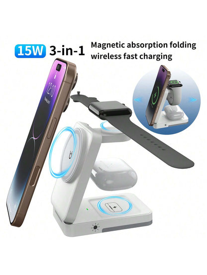 3-In-1 Fast Charging Station, 15W Multi-Function Wireless Charging Stand Compatible With Apple Phones, Watches, Earbuds