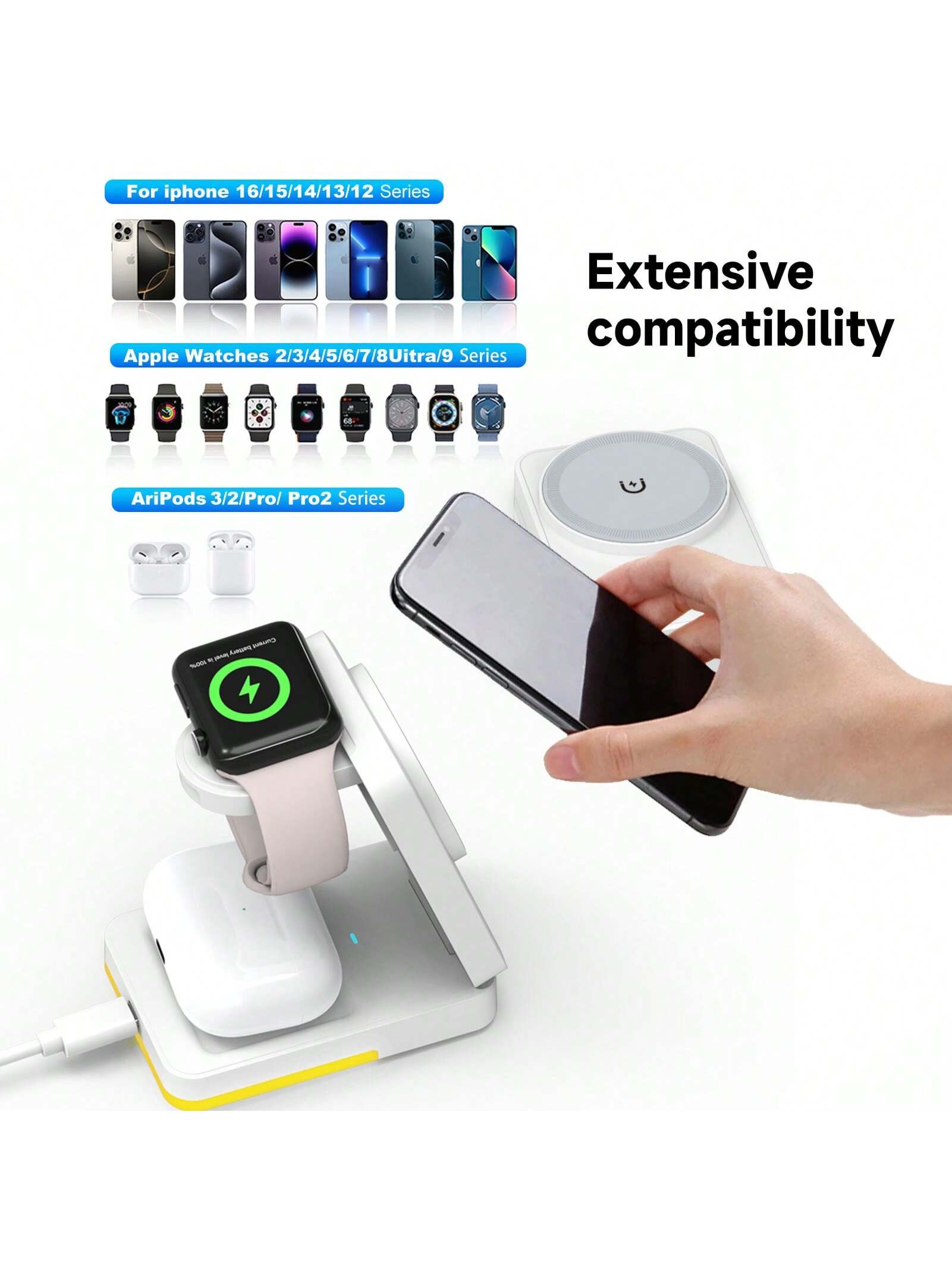 3-In-1 Fast Charging Station, 15W Multi-Function Wireless Charging Stand Compatible With Apple Phones, Watches, Earbuds