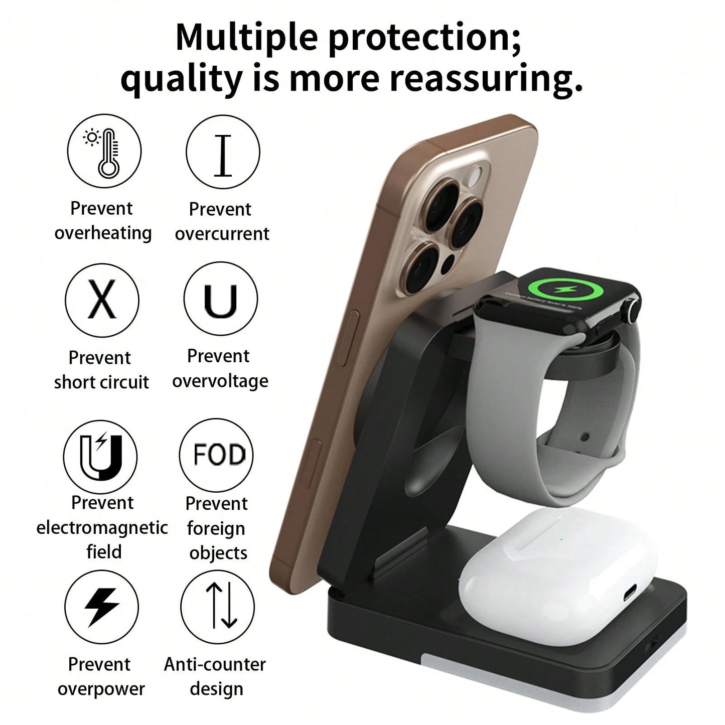 3-In-1 Fast Charging Station, 15W Multi-Function Wireless Charging Stand Compatible With Apple Phones, Watches, Earbuds