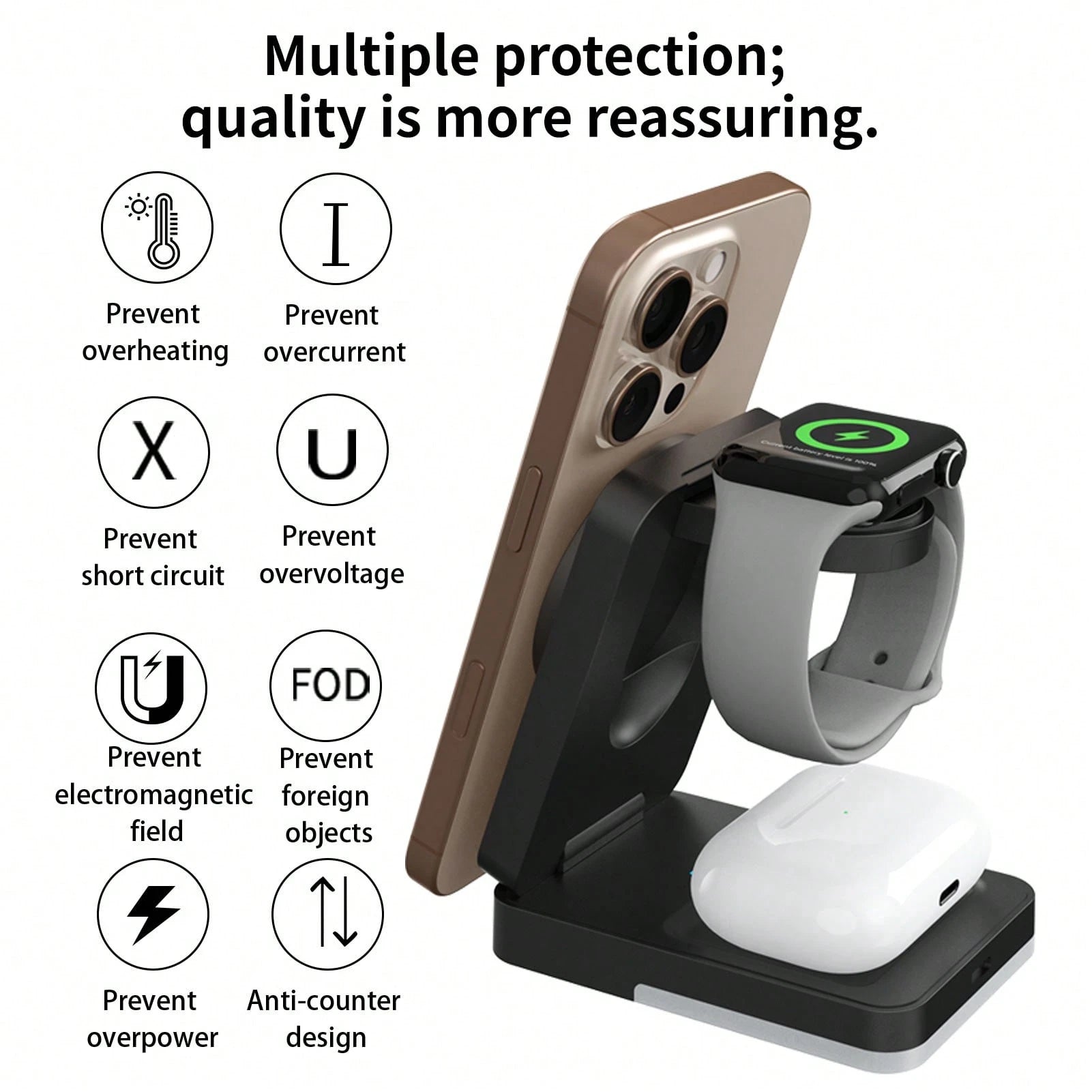 3-In-1 Fast Charging Station, 15W Multi-Function Wireless Charging Stand Compatible With Apple Phones, Watches, Earbuds