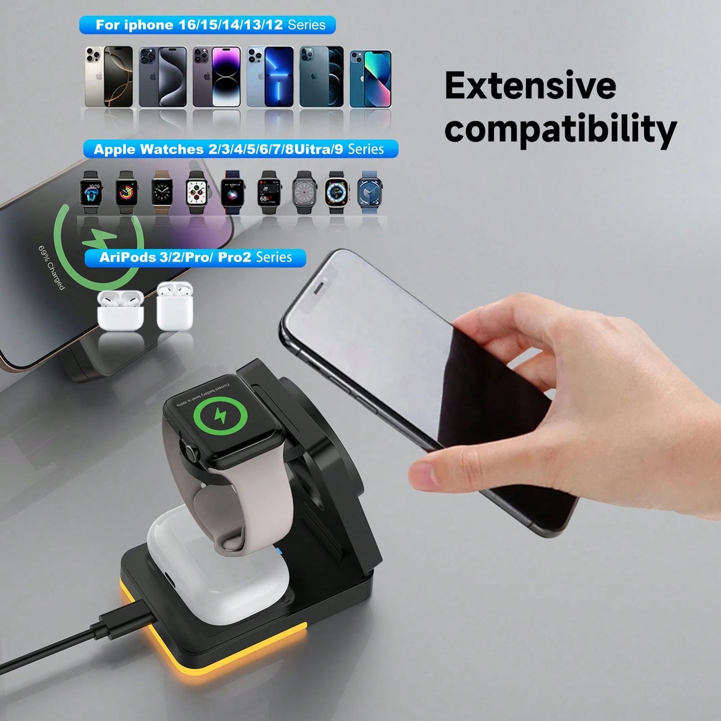 3-In-1 Fast Charging Station, 15W Multi-Function Wireless Charging Stand Compatible With Apple Phones, Watches, Earbuds