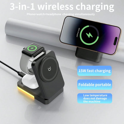 3-In-1 Fast Charging Station, 15W Multi-Function Wireless Charging Stand Compatible With Apple Phones, Watches, Earbuds