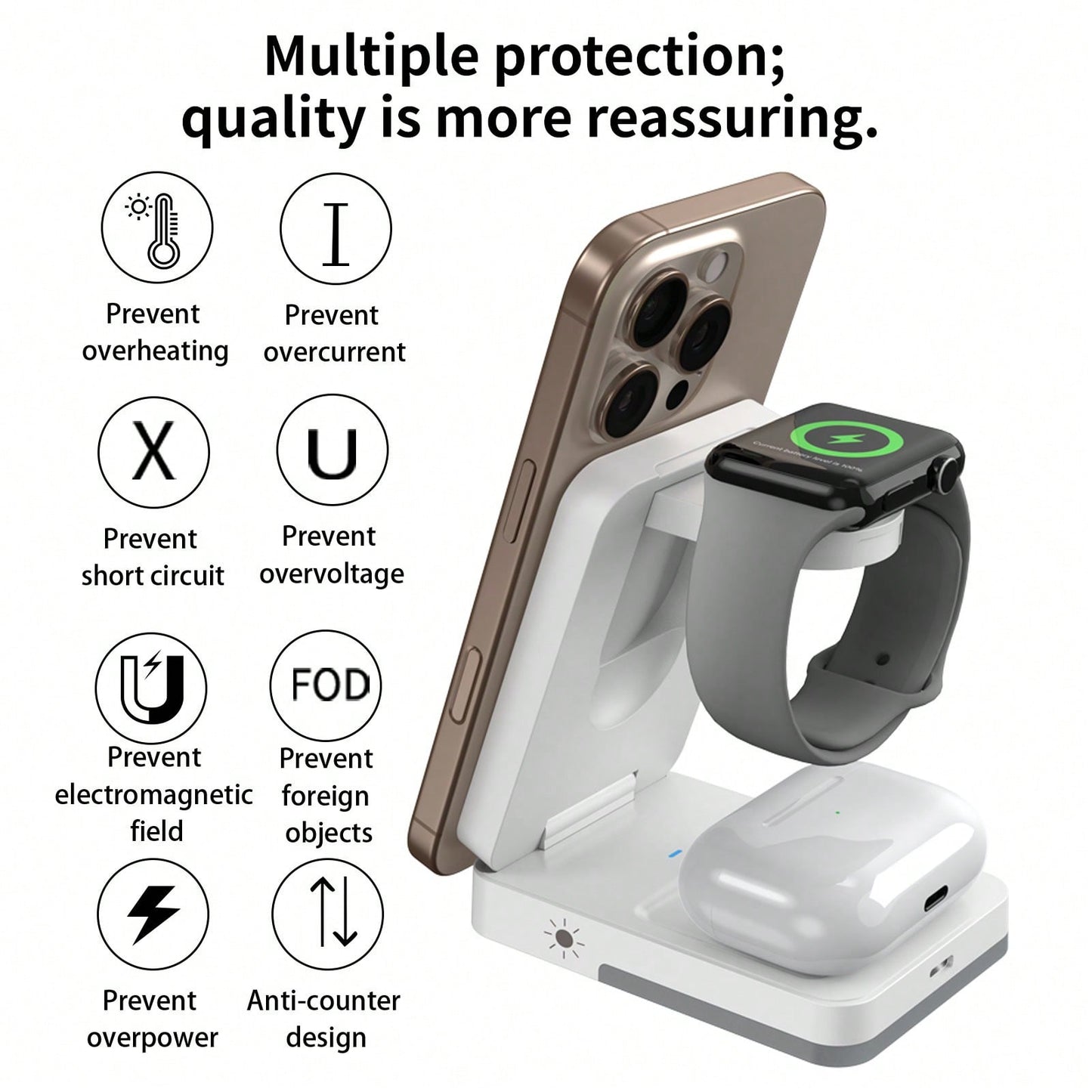 3-In-1 Fast Charging Station, 15W Multi-Function Wireless Charging Stand Compatible With Apple Phones, Watches, Earbuds