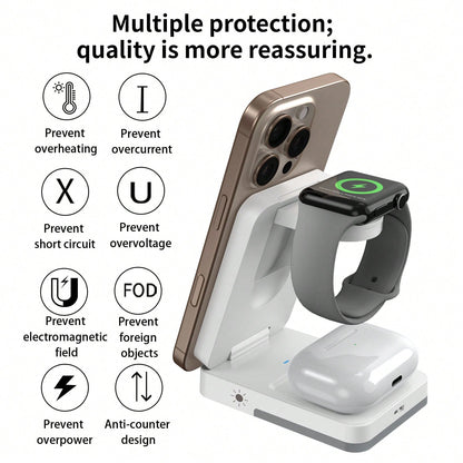 3-In-1 Fast Charging Station, 15W Multi-Function Wireless Charging Stand Compatible With Apple Phones, Watches, Earbuds