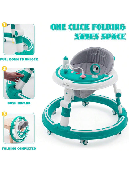 3 In 1 Height Adjustable Baby Walker Can Be Used As Activities Games Board,Dining Table,Old-School Foldable Round Walker