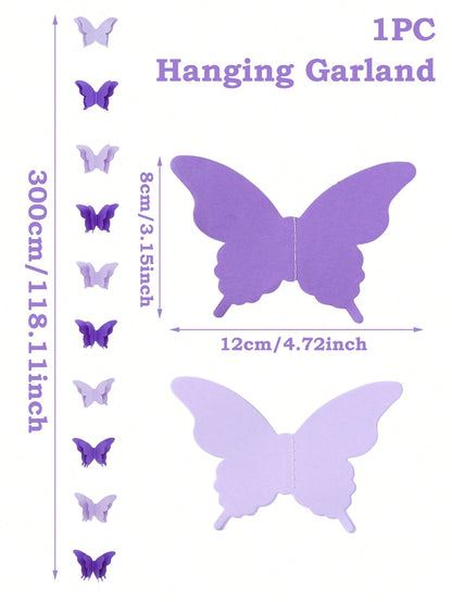 3 Meters 3D Purple Butterfly Garland Decoration, Paper Butterfly Hanging Flags Suitable For Birthday, Baby Shower, Wedding, Bridal Shower, Princess Party Supplies, Home Decor, Room Decor, Birthday Dec