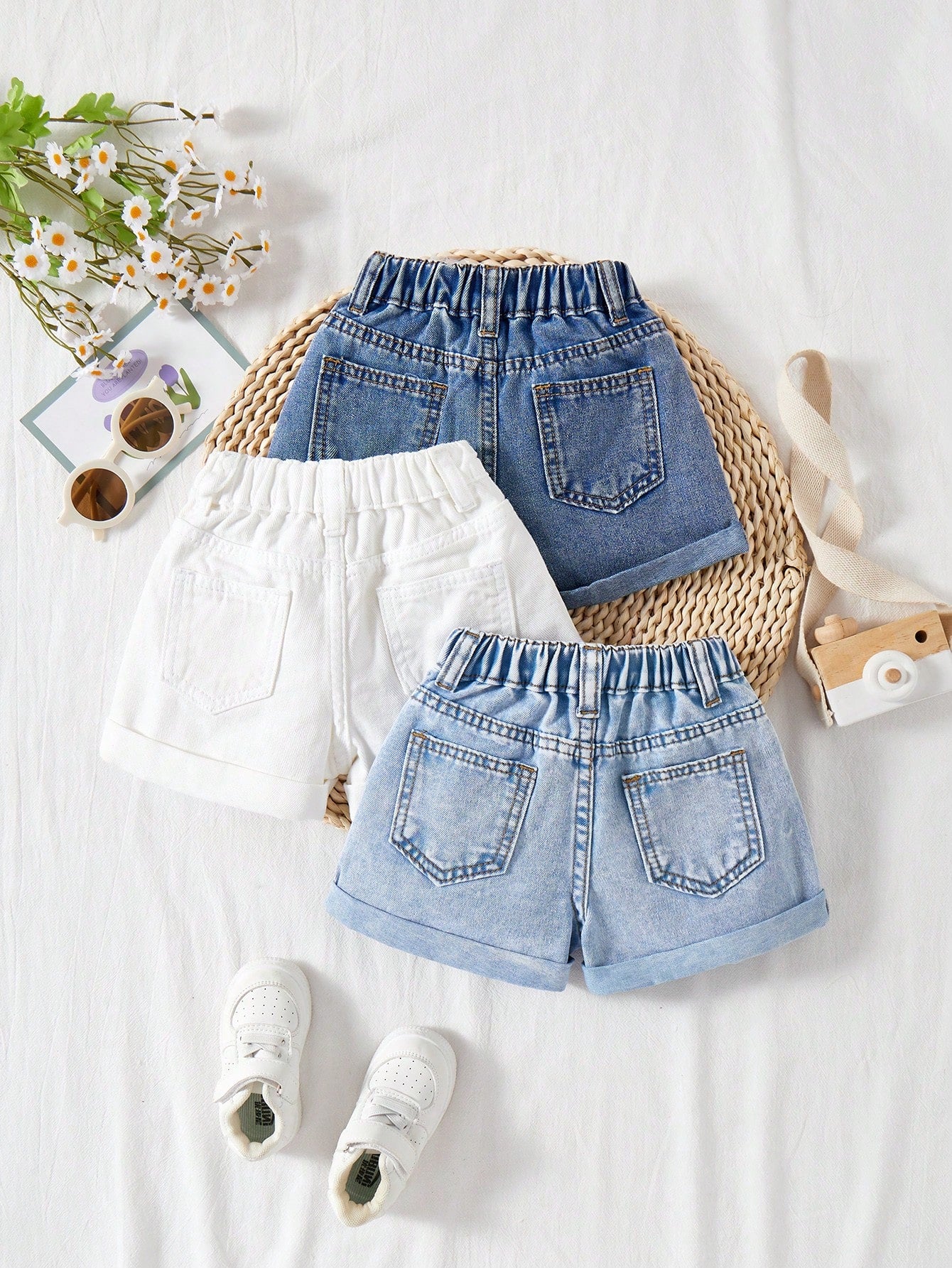 3 Packs Baby Girl 2025 New Denim Shorts, Navy, Light Blue, White, Spring And Summer Casual Vacation