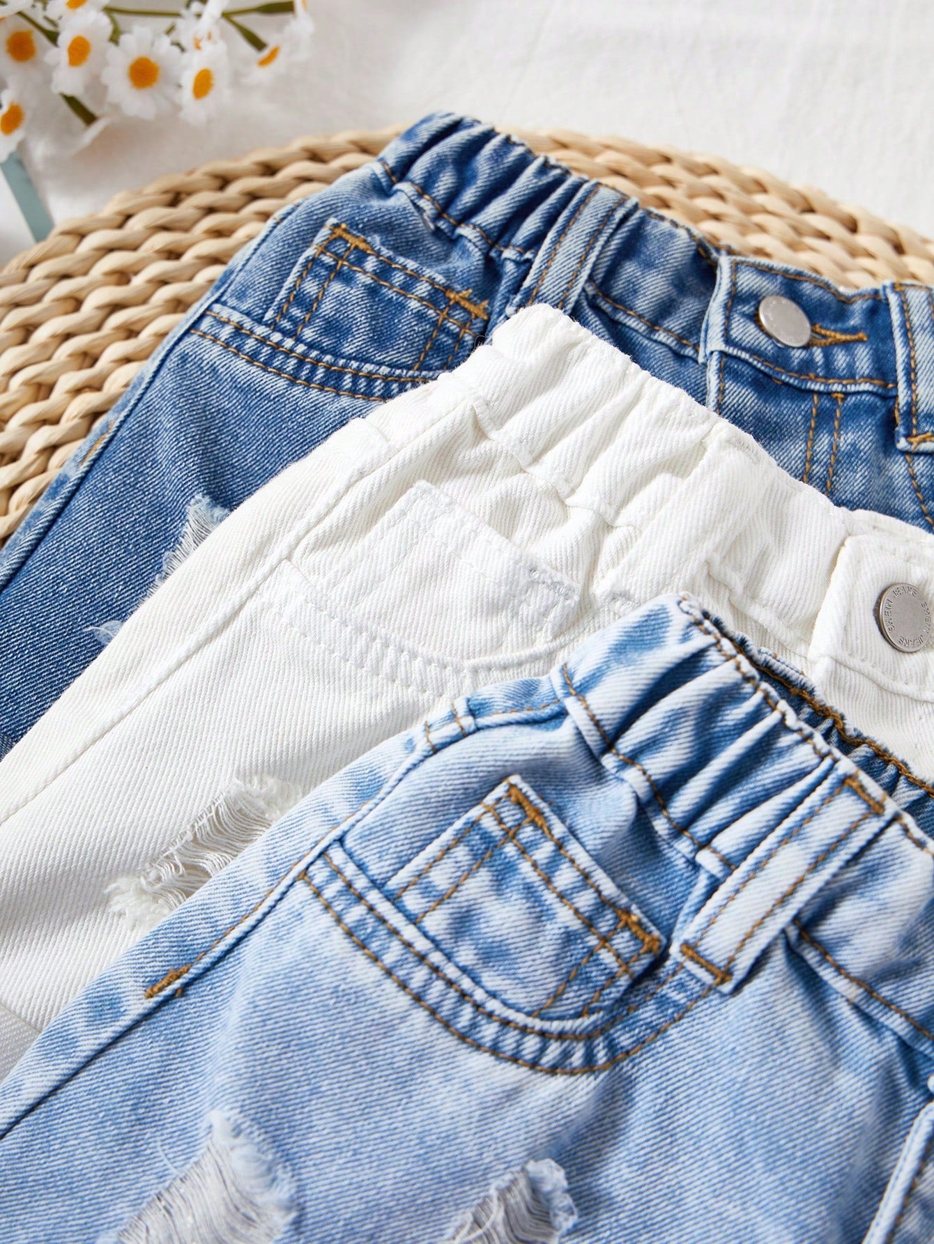 3 Packs Baby Girl 2025 New Denim Shorts, Navy, Light Blue, White, Spring And Summer Casual Vacation