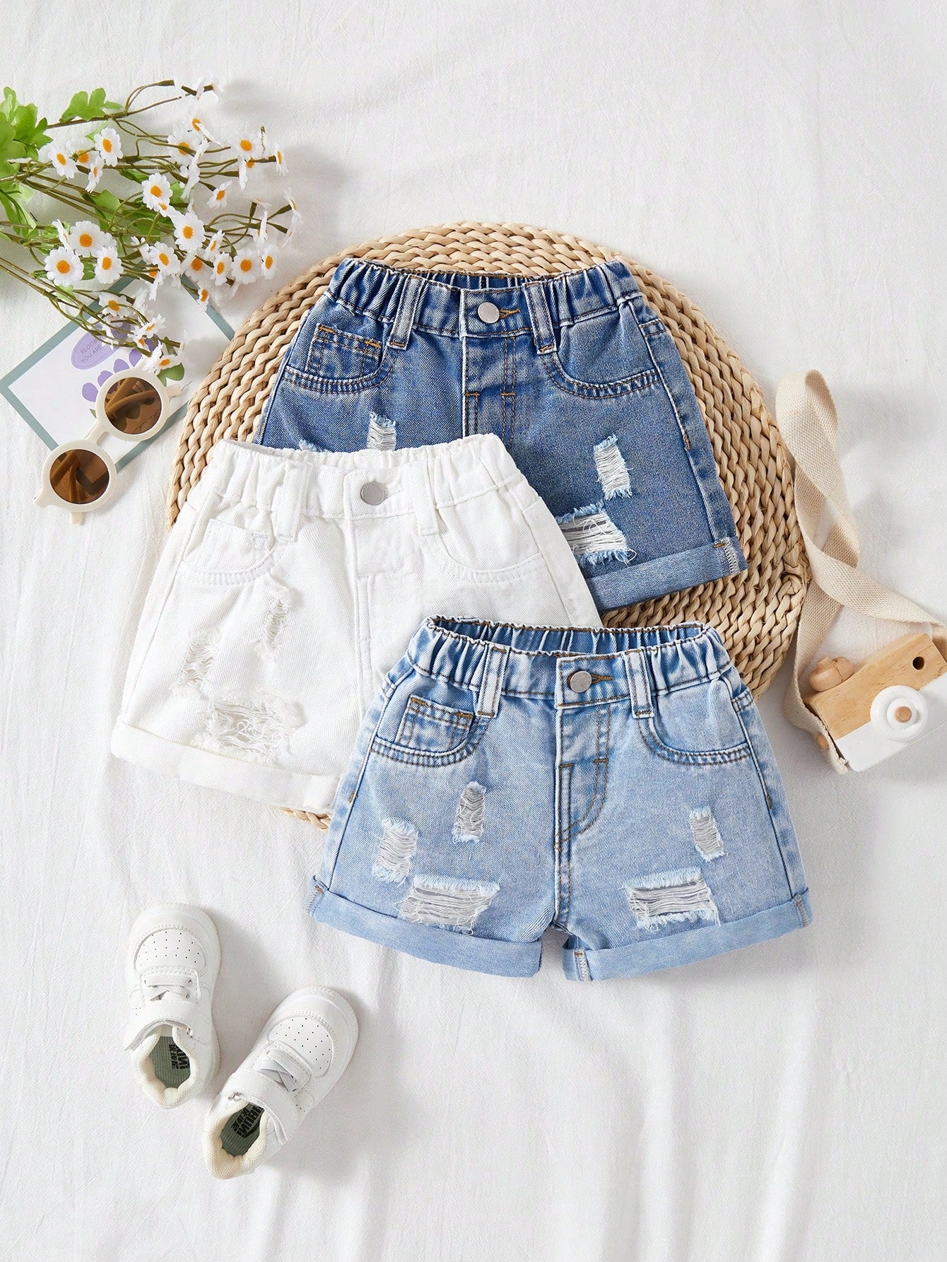 3 Packs Baby Girl 2025 New Denim Shorts, Navy, Light Blue, White, Spring And Summer Casual Vacation