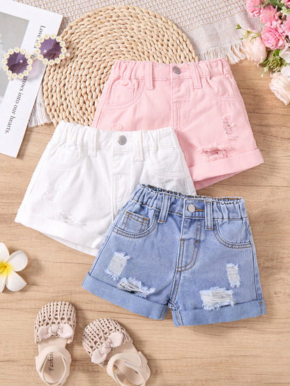 3 Packs Baby Girl 2025 New Denim Shorts, Navy, Light Blue, White, Spring And Summer Casual Vacation