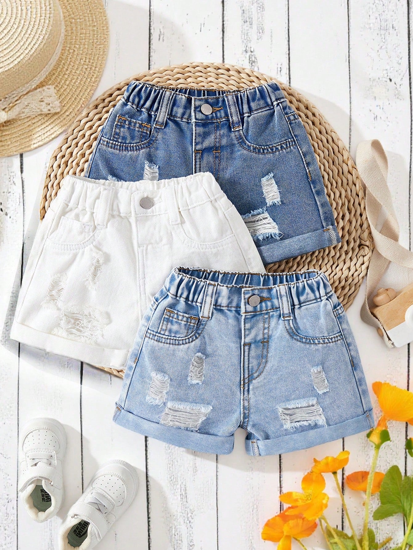 3 Packs Baby Girl 2025 New Denim Shorts, Navy, Light Blue, White, Spring And Summer Casual Vacation