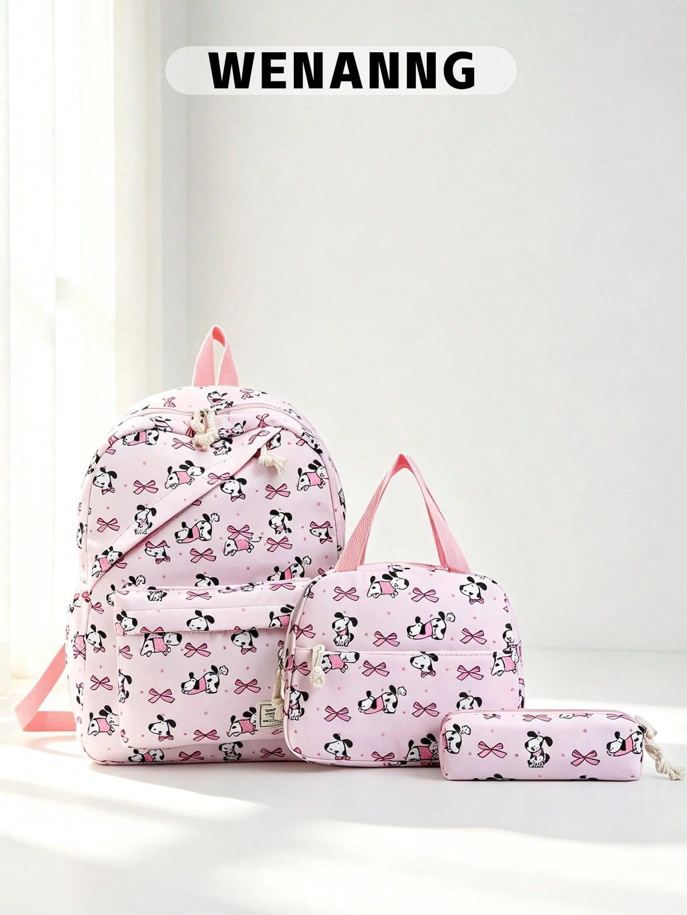 3-Piece Set- Back To School Cute Pet Bow Print Backpack Combination, Includes Backpack, Portable Lunch Bag And Stationery Storage Bag, Built-In Laptop Compartment, Equipped With Adjustable Shoulder S